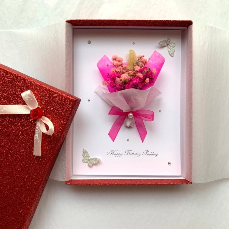Handmade Personalised 3D Dried Flower Birthday Card for Mum, Wife, Daughter C034