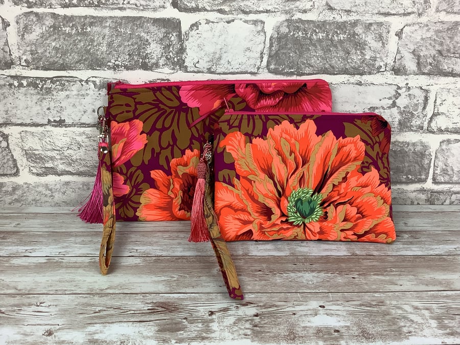 Peony flowers zip clutch bag, Detachable wrist strap, 2 size options, Handmade