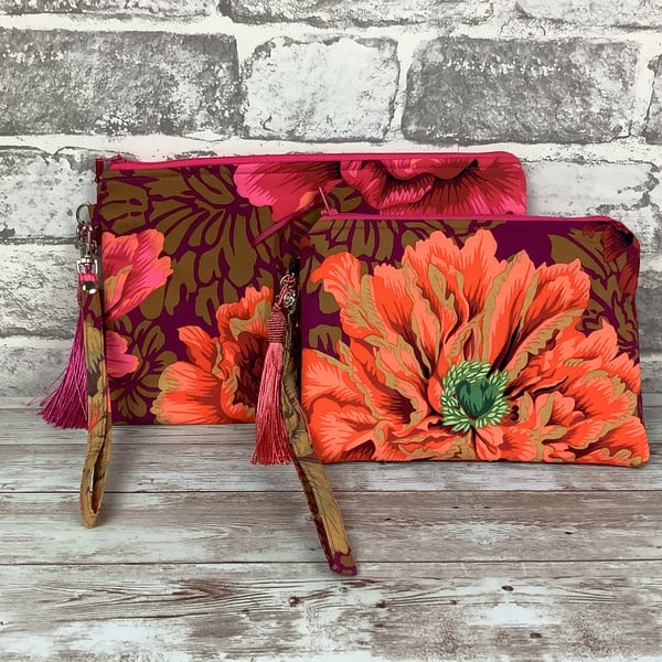 Peony flowers zip clutch bag, Detachable wrist strap, 2 size options, Handmade