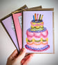 Hand-Illustrated Birthday Cake Greetings Card, Colourful Tiered Cake Card - Image 2