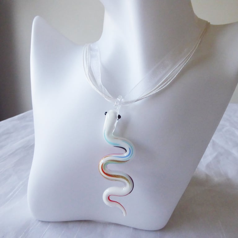 White Ribbon & Cord Adjustable Necklace B with Lampwork Glass Snake