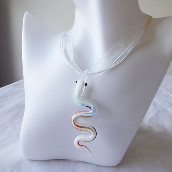 White Ribbon & Cord Adjustable Necklace B with Lampwork Glass Snake