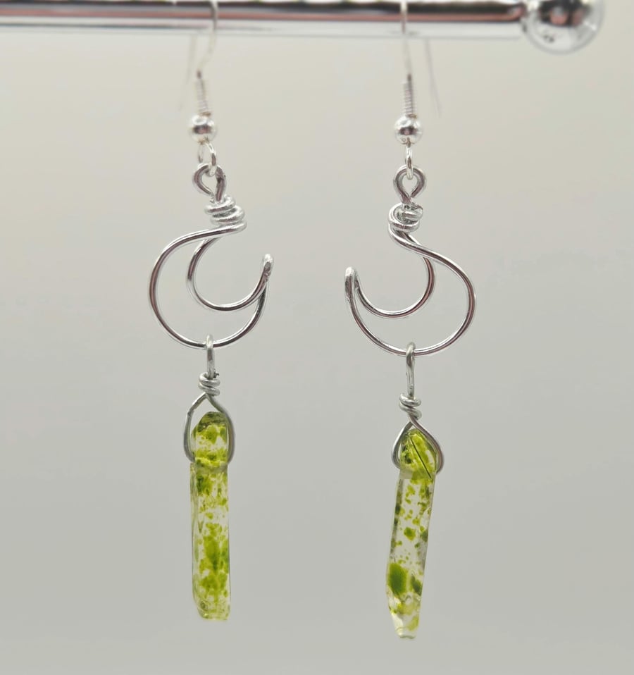 Sterling silver mini crescent moon wire earrings with moss green quartz crystals