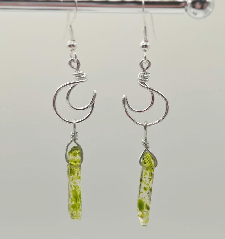 Sterling silver mini crescent moon wire earrings with moss green quartz crystals