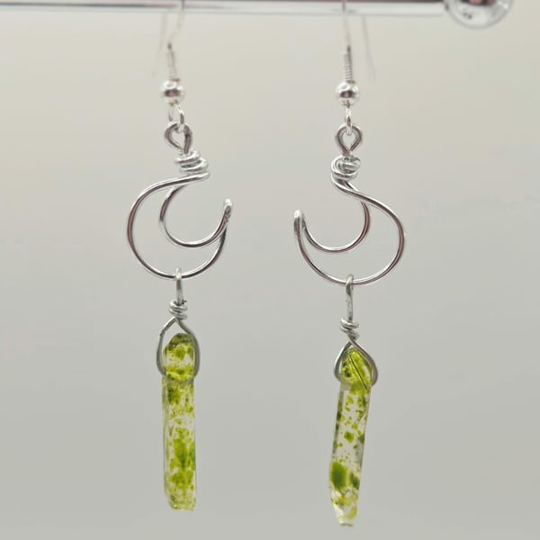 Sterling silver mini crescent moon wire earrings with moss green quartz crystals