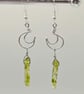 Sterling silver mini crescent moon wire earrings with moss green quartz crystals