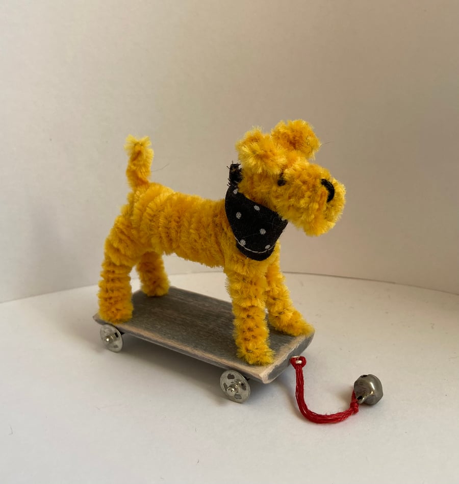 Miniature Handmade Dog on a Pull Along Trolley with Wheels 
