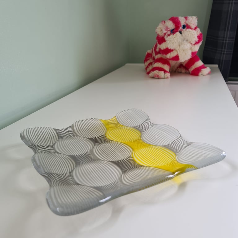 Large fused glass grey and yellow striped dish