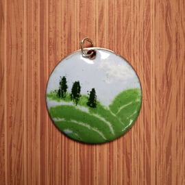 Trees and hills pendant in enamelled copper 266