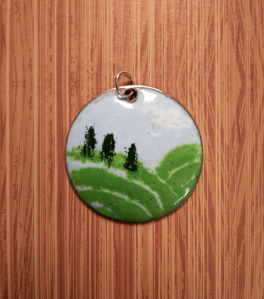 Trees and hills pendant in enamelled copper 266