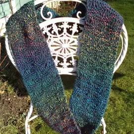 Handknit Long Lacy Wool and Silk Circular Cowl in Rich Green with rainbow 