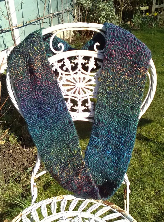 Handknit Long Lacy Wool and Silk Circular Cowl in Rich Green with rainbow 