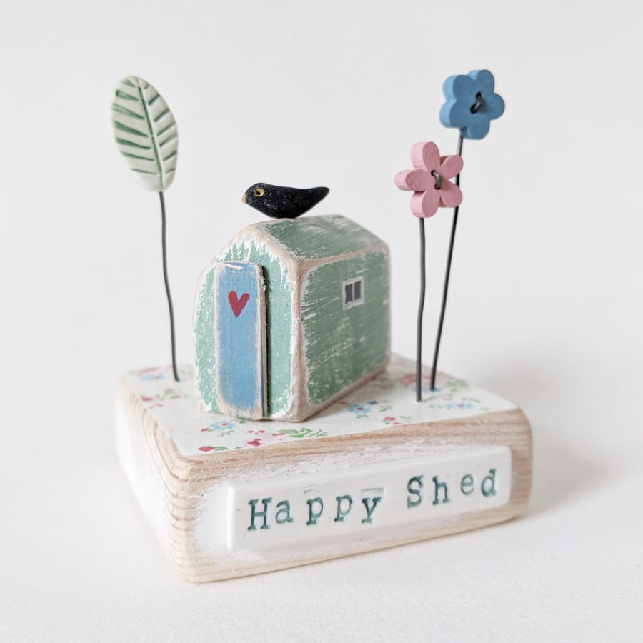SALE - Garden Shed with Flowers and Blackbird 'Happy Shed'
