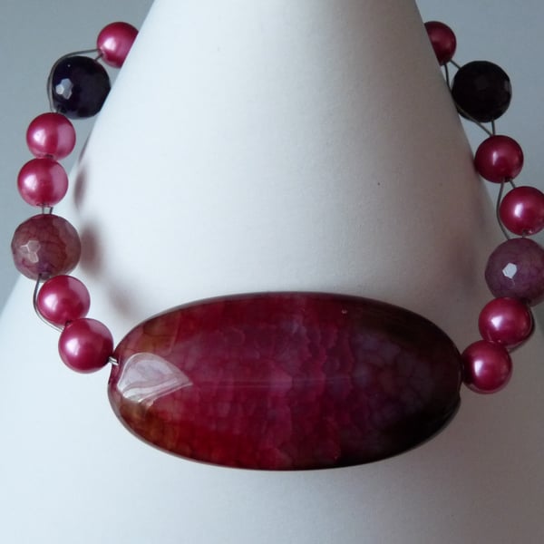 Multi Agate & Shell Pearl Bracelet Sterling Silver