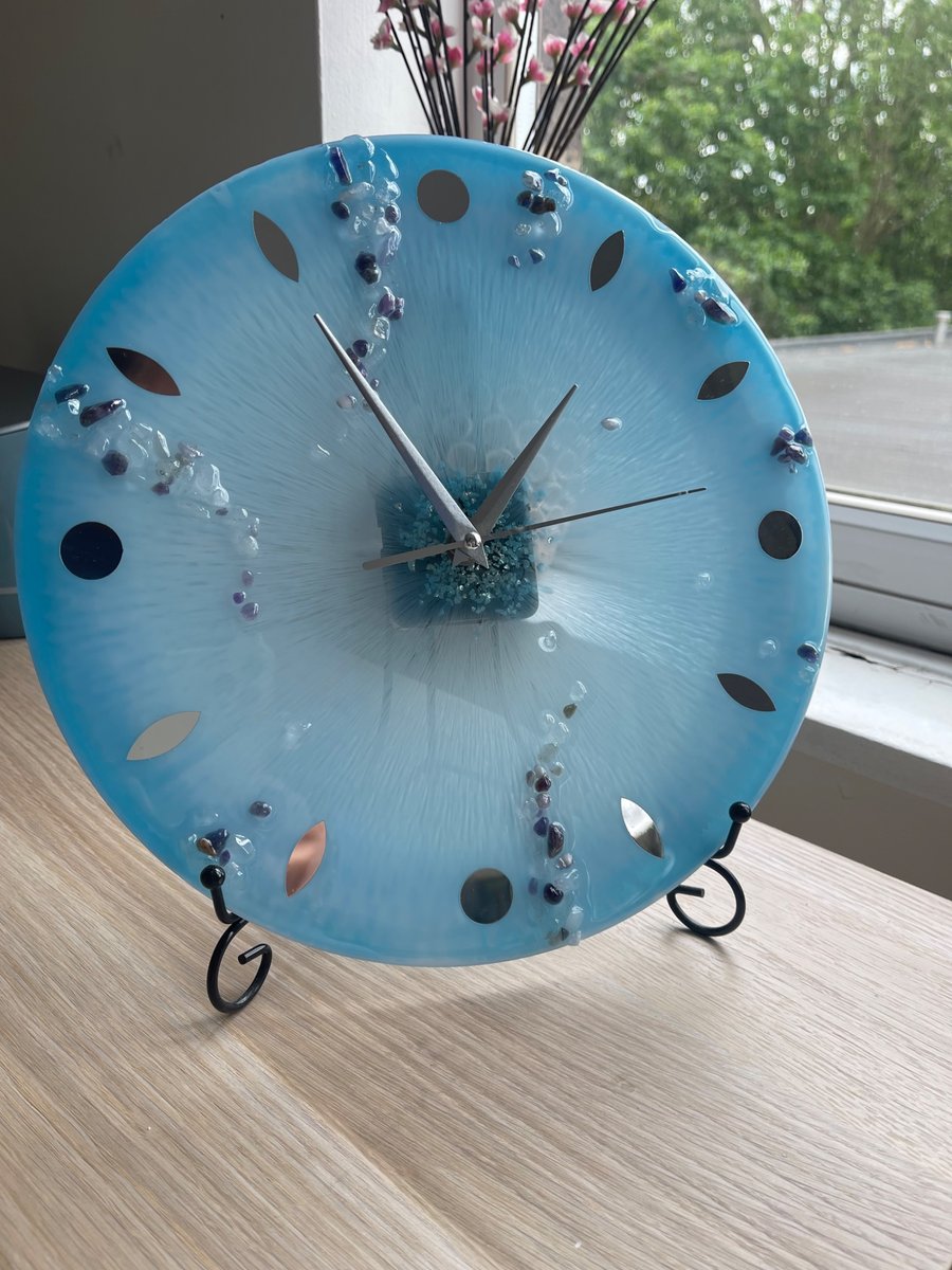 Blue & White Resin Wall Clock - Silver Mirror (30cm) 