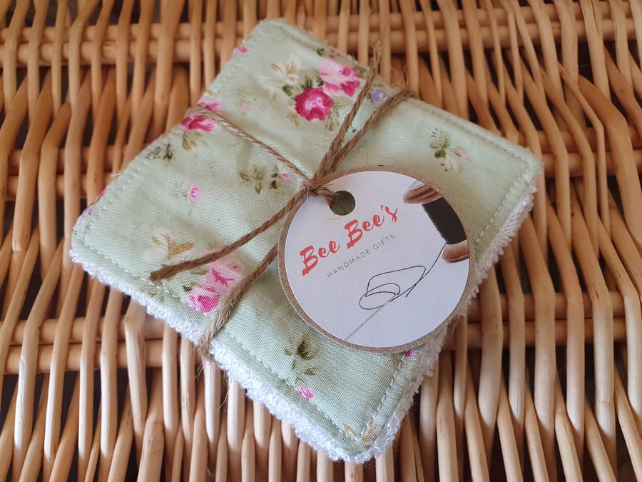 7x Green Floral 3x3inch Reusable Fabric Wipes 