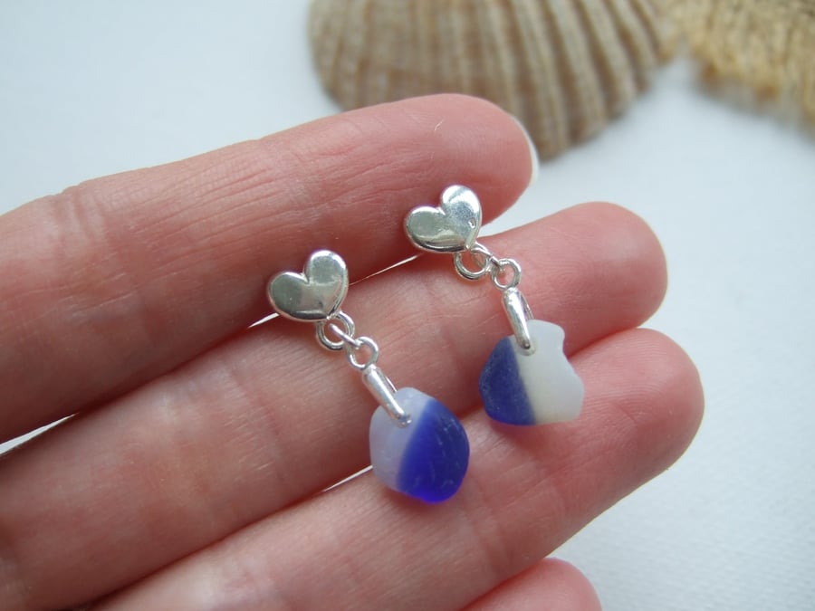 Davenport Sea Glass, Heart Stud Earrings with Blue White Beach Glass