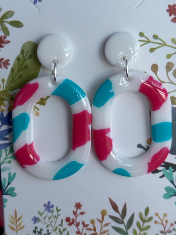 White, pink and blue polymer clay earrings  