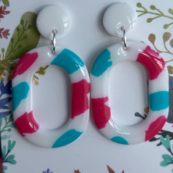 White, pink and blue polymer clay earrings  