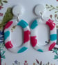 White, pink and blue polymer clay earrings  