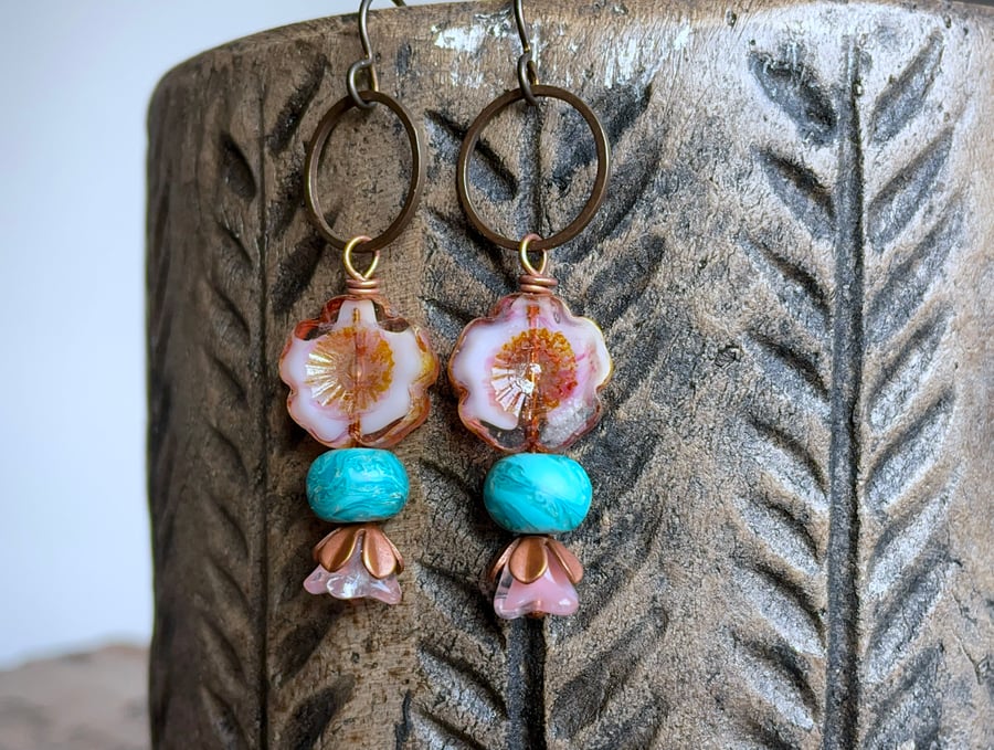 Pink & Green Czech Glass Earrings. Floral Earrings. Spring Inspired Jewellery
