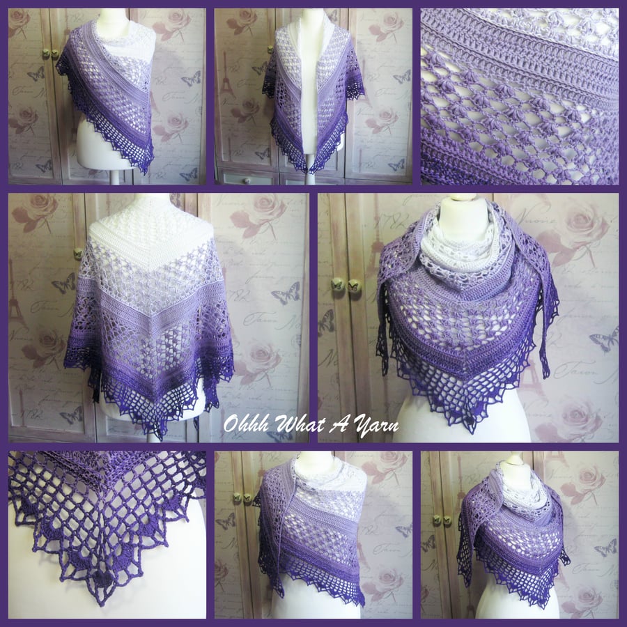Crochet lightweight purple lilac and white 100% cotton shawl. Crochet wrap.
