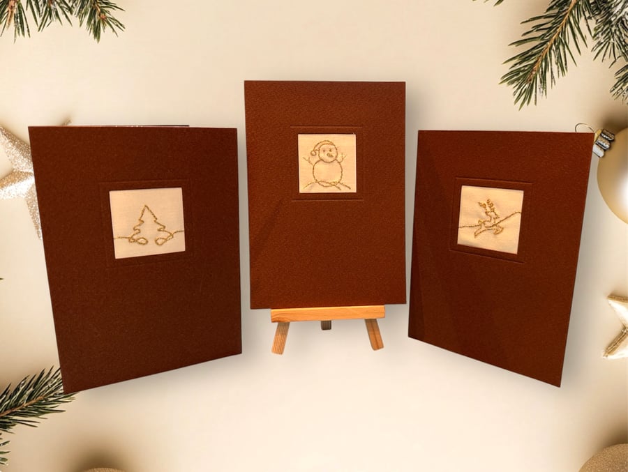 Pack of 3 embroidered blank golden Christmas cards. Reindeer, snowman, Xmas tree
