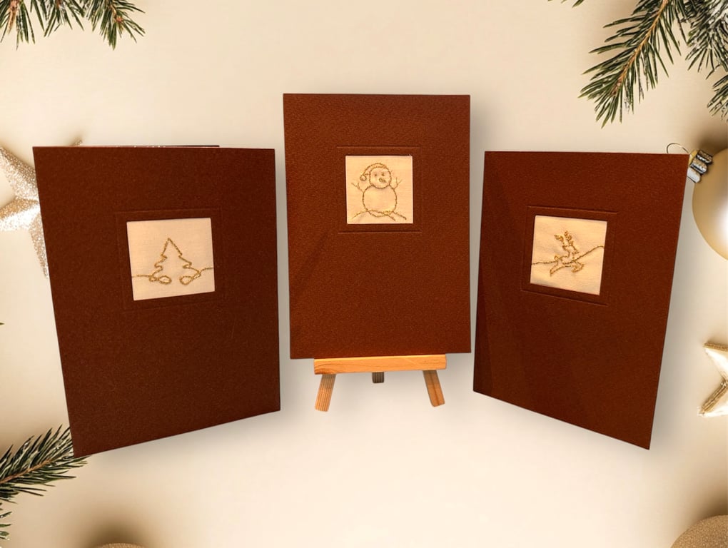 Pack of 3 embroidered blank golden Christmas cards. Reindeer, snowman, Xmas tree