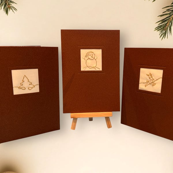 Pack of 3 embroidered blank golden Christmas cards. Reindeer, snowman, Xmas tree