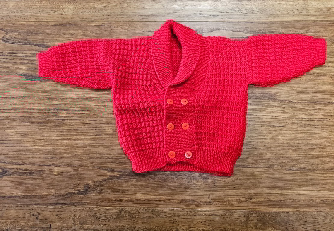 Diane's Hand-Knitted Red Shawl Collar Cardigan (Age 2-3 years)