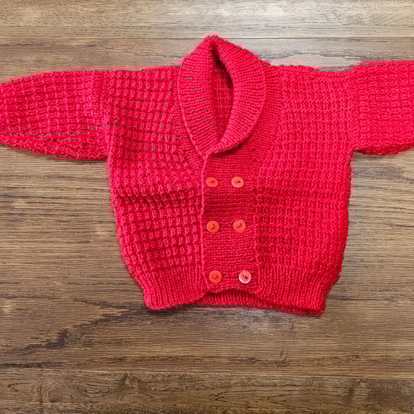 Diane's Hand-Knitted Red Shawl Collar Cardigan (Age 2-3 years)