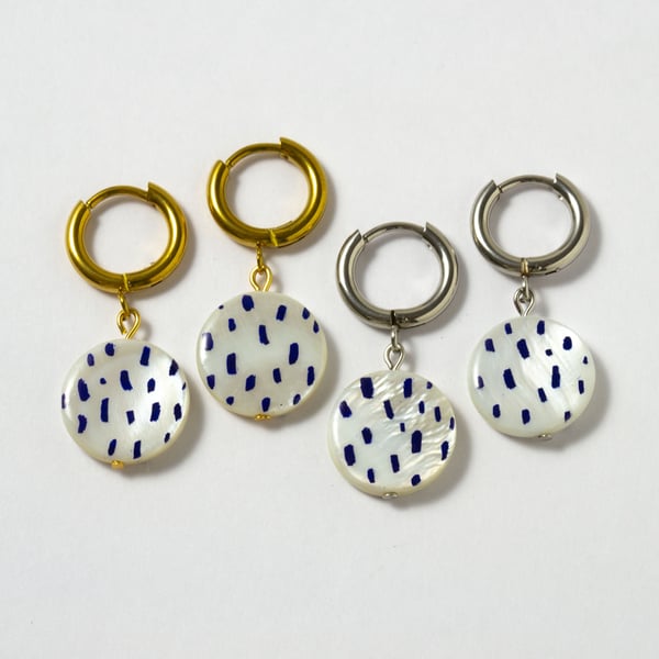 Huggie Earrings Blue Dashes Earrings Sprinkles Gold Huggie Earrings Silver