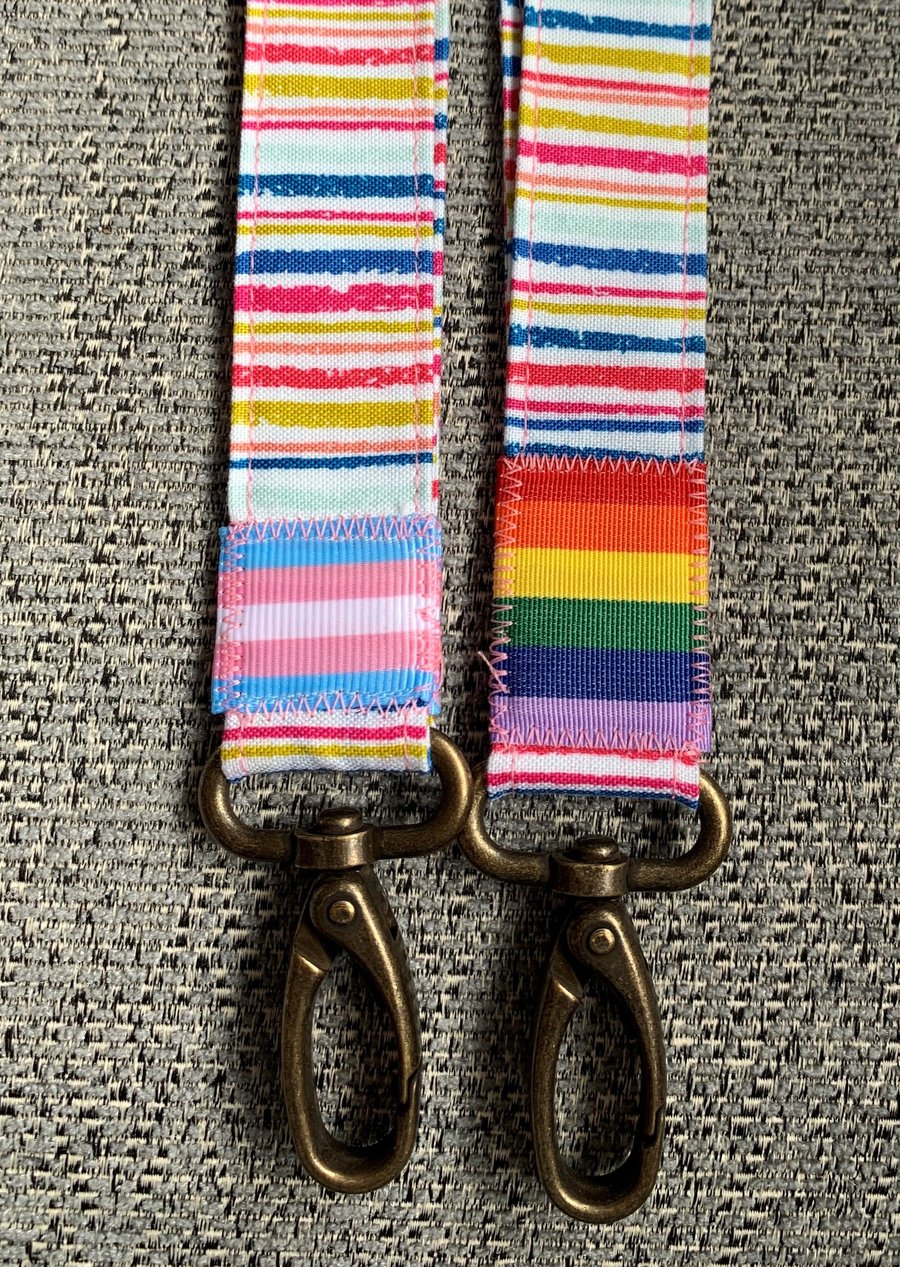 Pink stripy 100% Cotton Lanyard with Trans Pride Ribbon