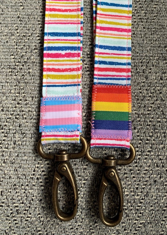 Pink stripy 100% Cotton Lanyard with Trans Pride Ribbon