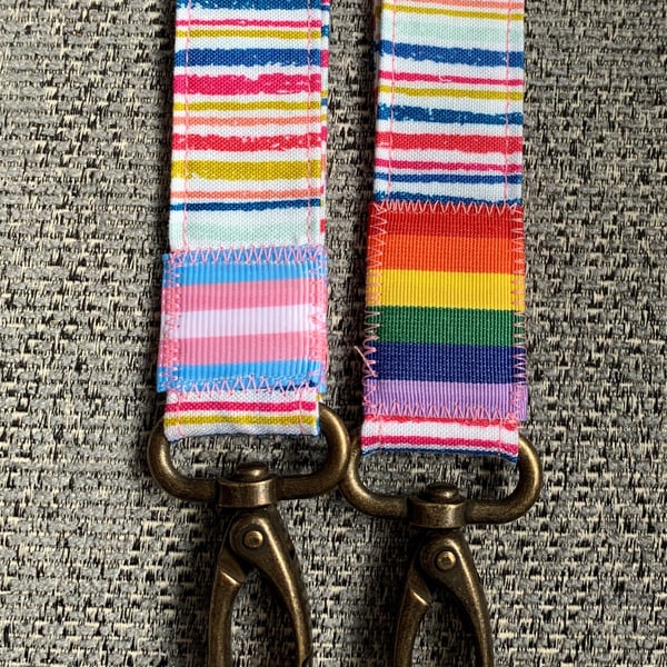Pink stripy 100% Cotton Lanyard with Trans Pride Ribbon