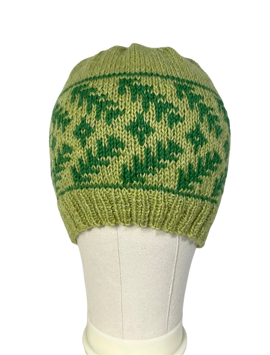green floral hat, stranded beanie, Norwegian toque, Scandinavian skull cap, wome