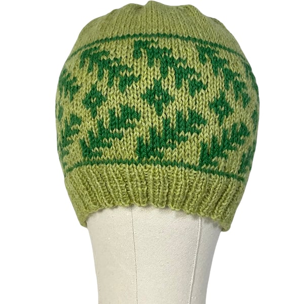 green floral hat, stranded beanie, Norwegian toque, Scandinavian skull cap, wome