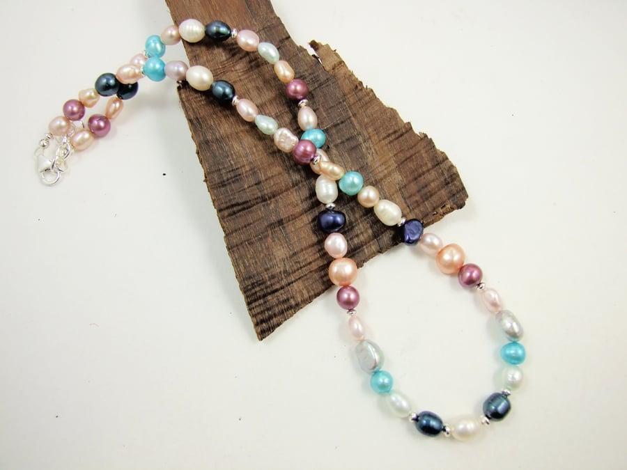 Pearl Necklace, Sterling Silver and Pearls, Summer Colours