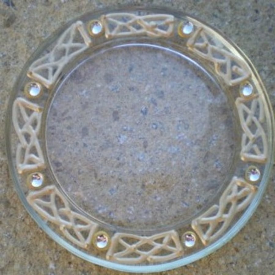 Glass Coaster with Gold Celtic Knots and clear beads