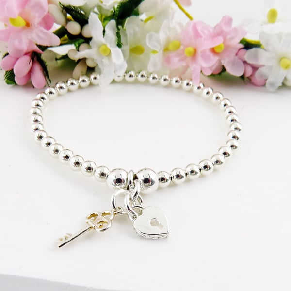 Sterling Silver Lock and Key Charm Bracelet, 21st Birthday Gift