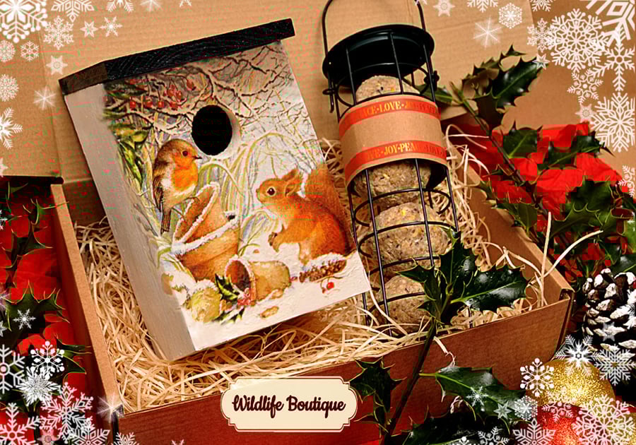 Xmas gift set for wild bird lover. Feeder, handmade fat balls, rustic birdhouse
