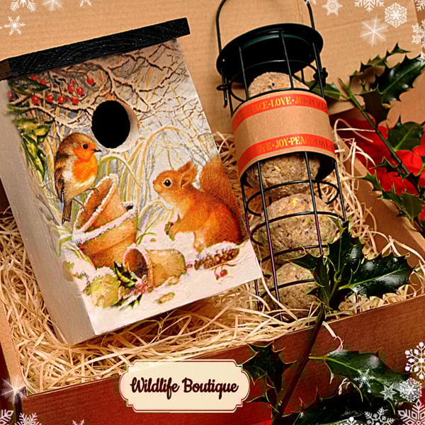 Xmas gift set for wild bird lover. Feeder, handmade fat balls, rustic birdhouse