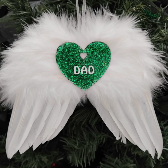 Personalised Glitter Hanging White Feather Angel Wings, Angel wings tree decor