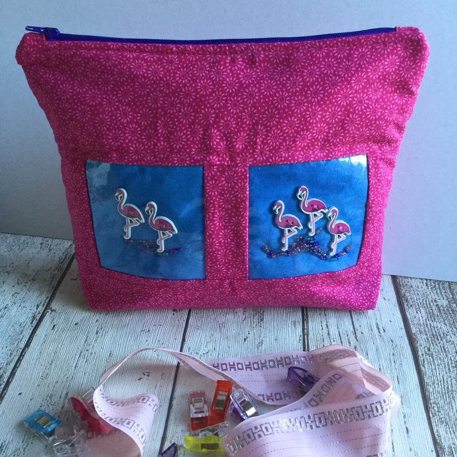  Pink & Blue Fabric & Clear Vinyl Flamingo Themed Zipped Pouch