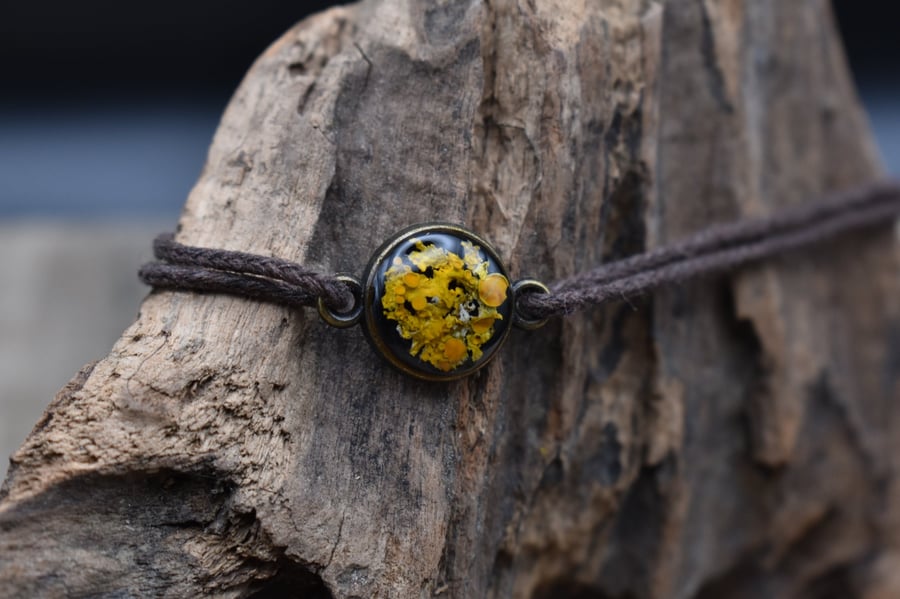 Adjustable Resin Bracelet with Real Lichen, Waxed Cotton Cord, Made in Scotland