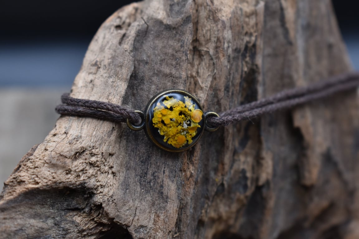 Adjustable Resin Bracelet with Real Lichen, Waxed Cotton Cord, Made in Scotland