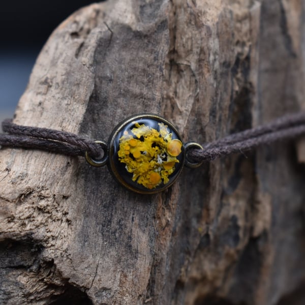 Adjustable Resin Bracelet with Real Lichen, Waxed Cotton Cord, Made in Scotland