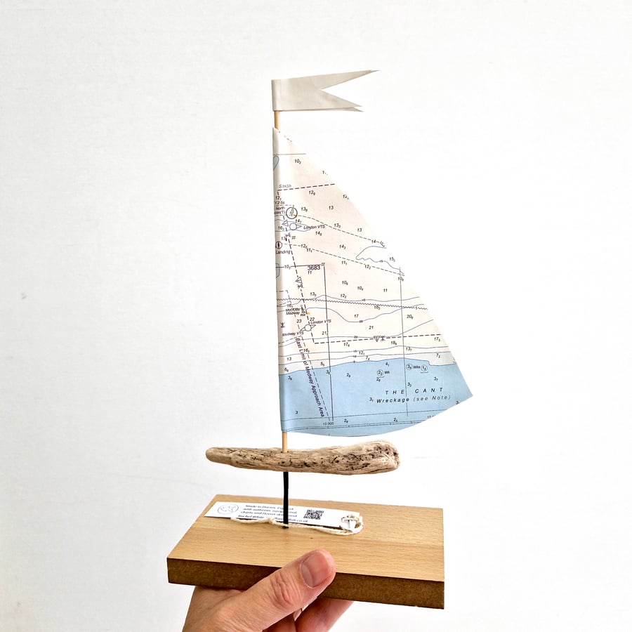 Thames Estuary driftwood sailboat ornament, authentic nautical map sail
