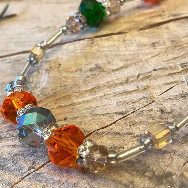 Burnt Orange, Green and gold coloured Crystal Necklace. 21"  Special Price