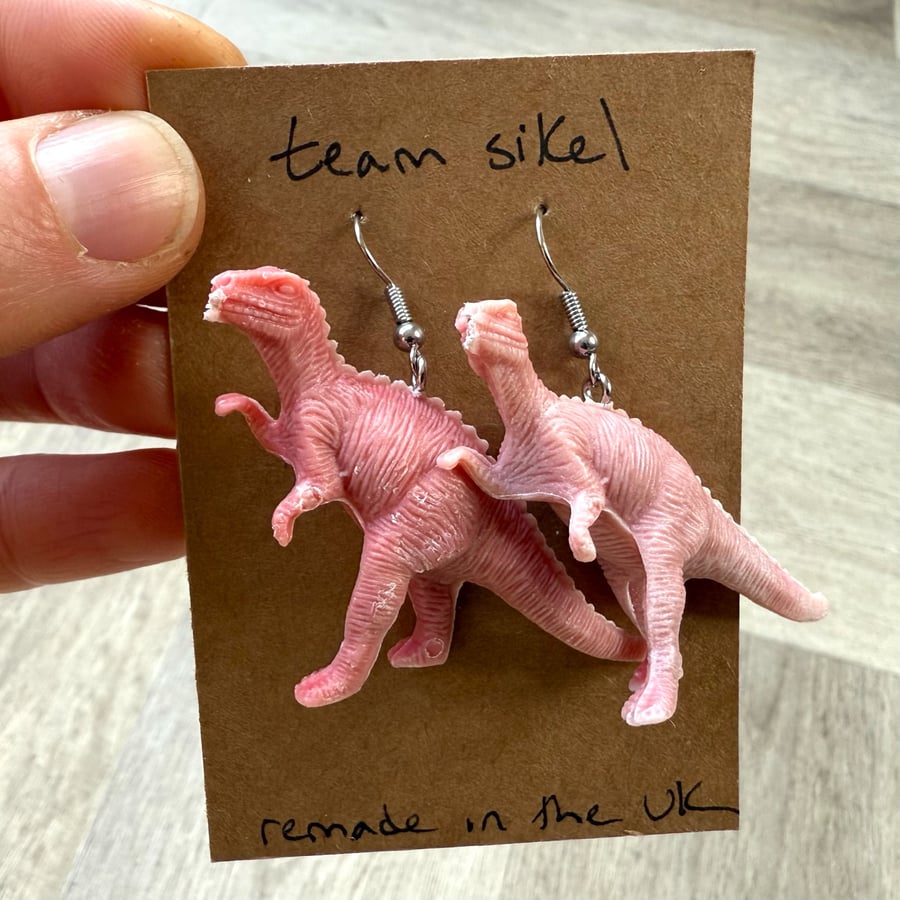 Pinky Red Allosaurus Dinosaur Earrings - Upcycled from Toys